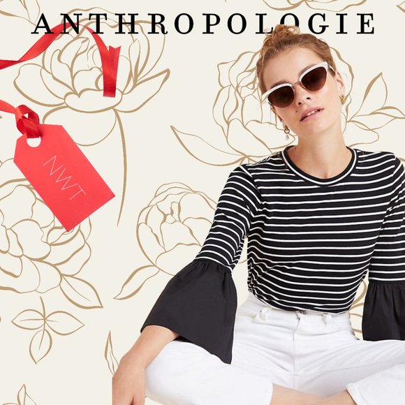 NWT ANTHROPOLOGIE - Striped Ruffle Bell Cuffed Blouse Top - Size M - Picture 1 of 5